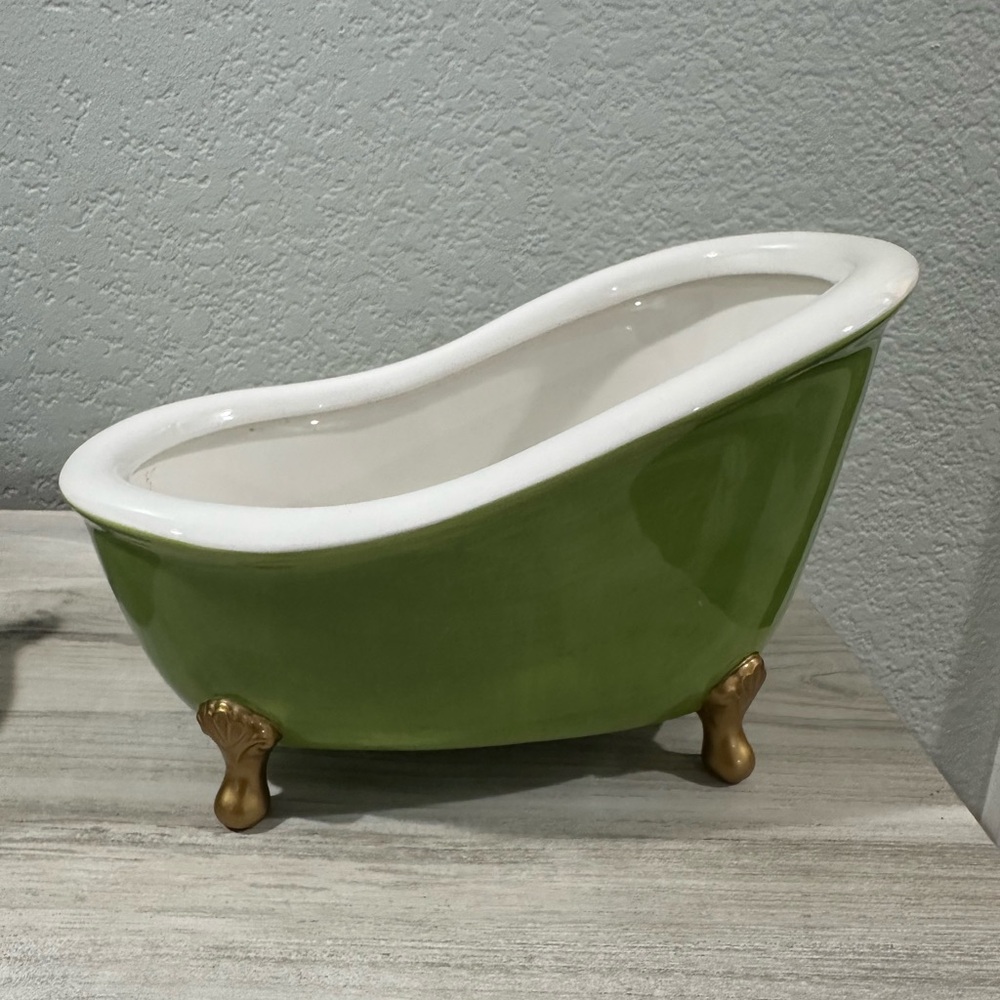 Bath and Body Works Avocado Green & Gold Tone Claw Foot Ceramic Bathtub Decor
